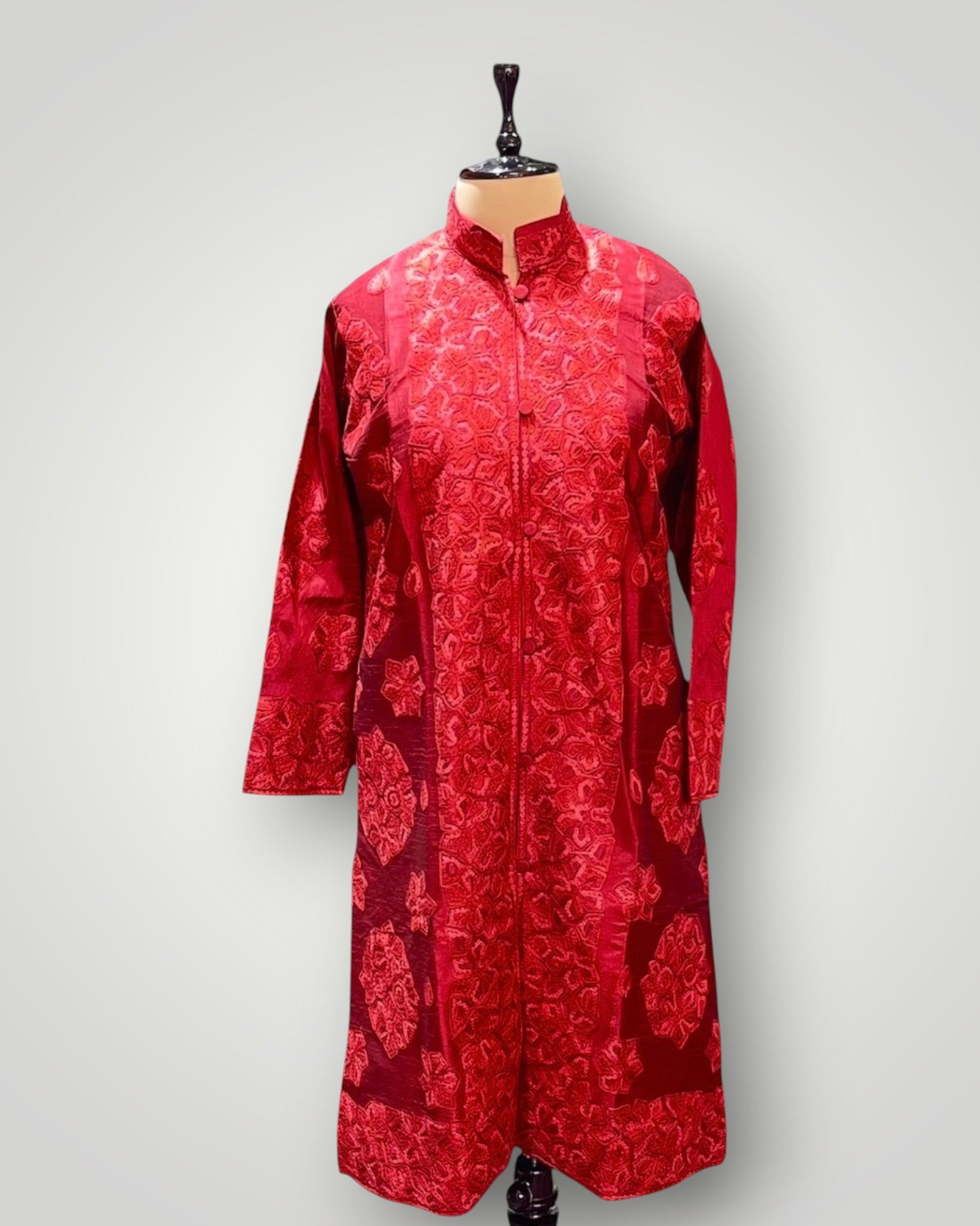 Floral Green Cashmere Silk Hand Embroidered Ari Long Jacket