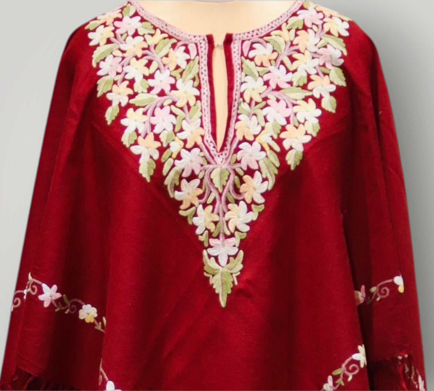 Red Floral Design Embroidery Handwoven Poncho