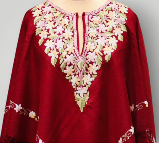 Red Floral Design Embroidery Handwoven Poncho