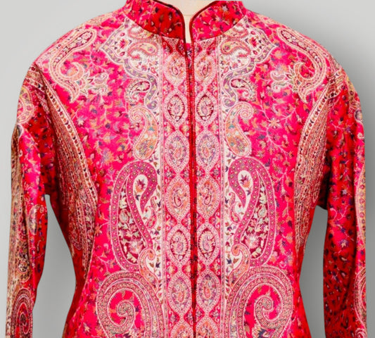 Red Pure Wool Kani Jamawar Short Jacket