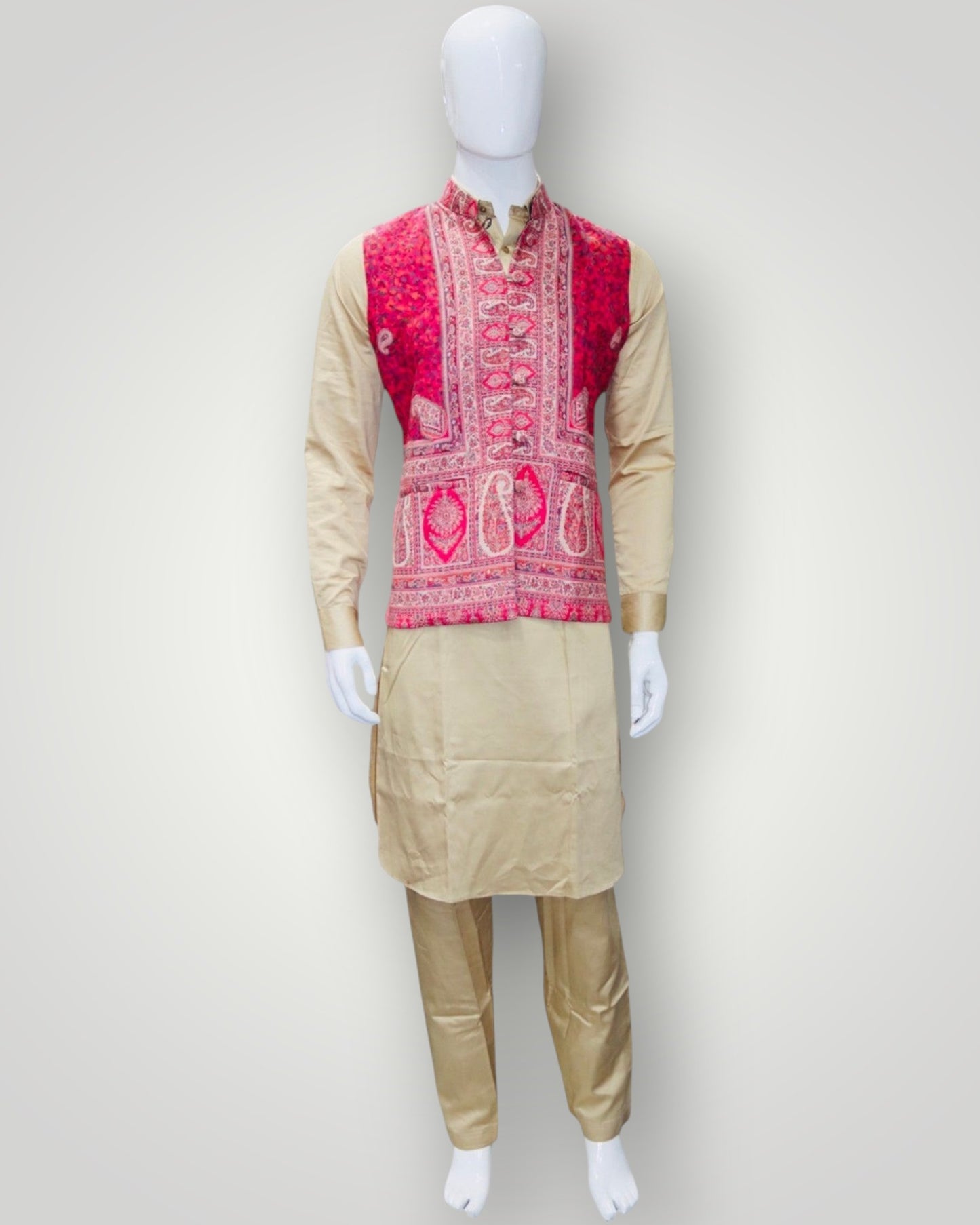 Beige Kani Embroidered Jamawar Waistcoat