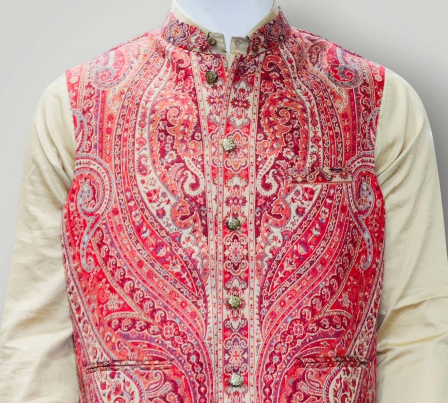 Red Kani Embroidered Jamawar Waistcoat