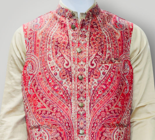 Red Kani Embroidered Jamawar Waistcoat