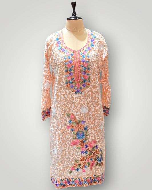 Orange Floral Pure Georgette Top Suit With Hand Embroidered Ari Work
