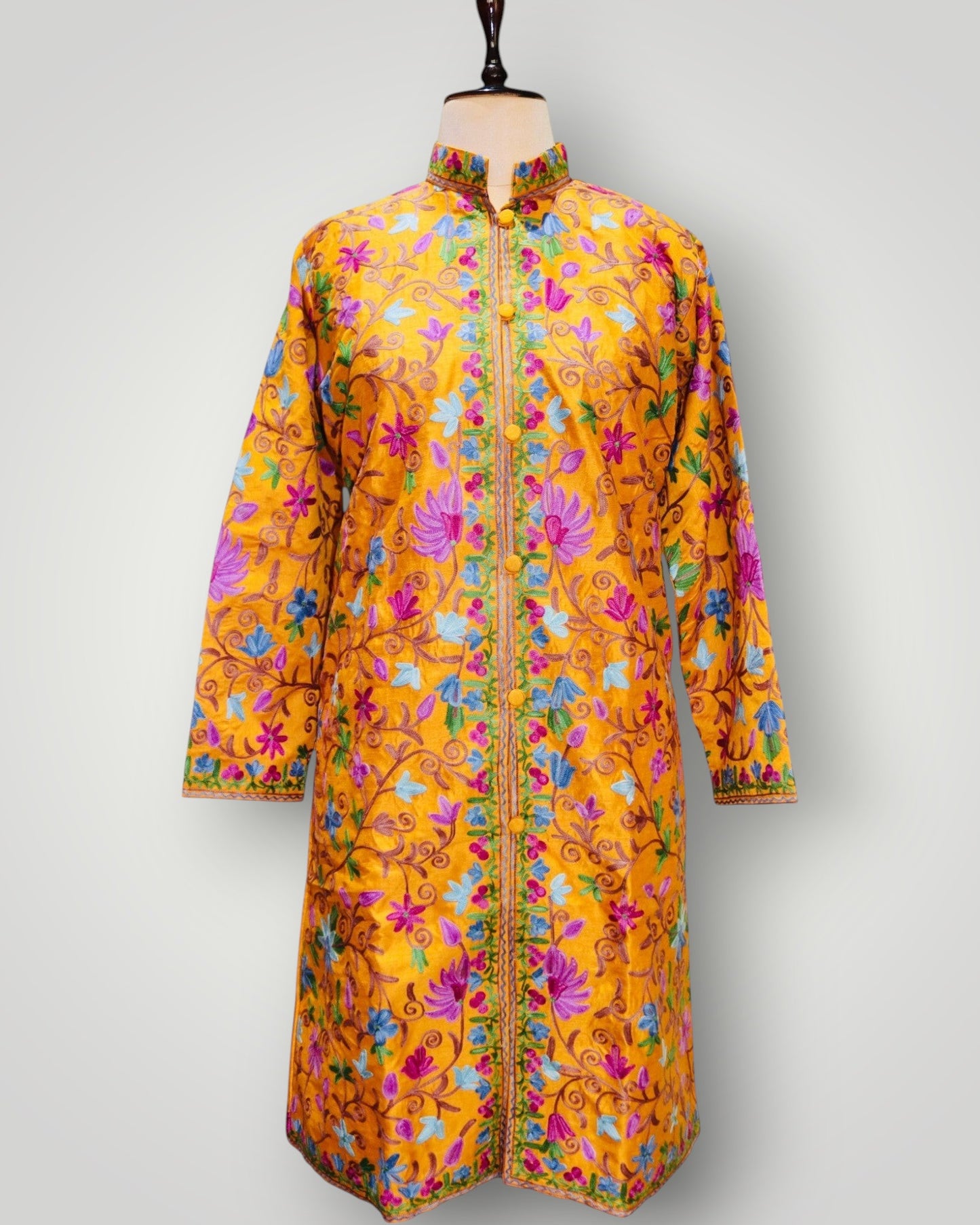 Yellow Hand Embroidered Silk Ari Poshkaar Jali Long Jacket
