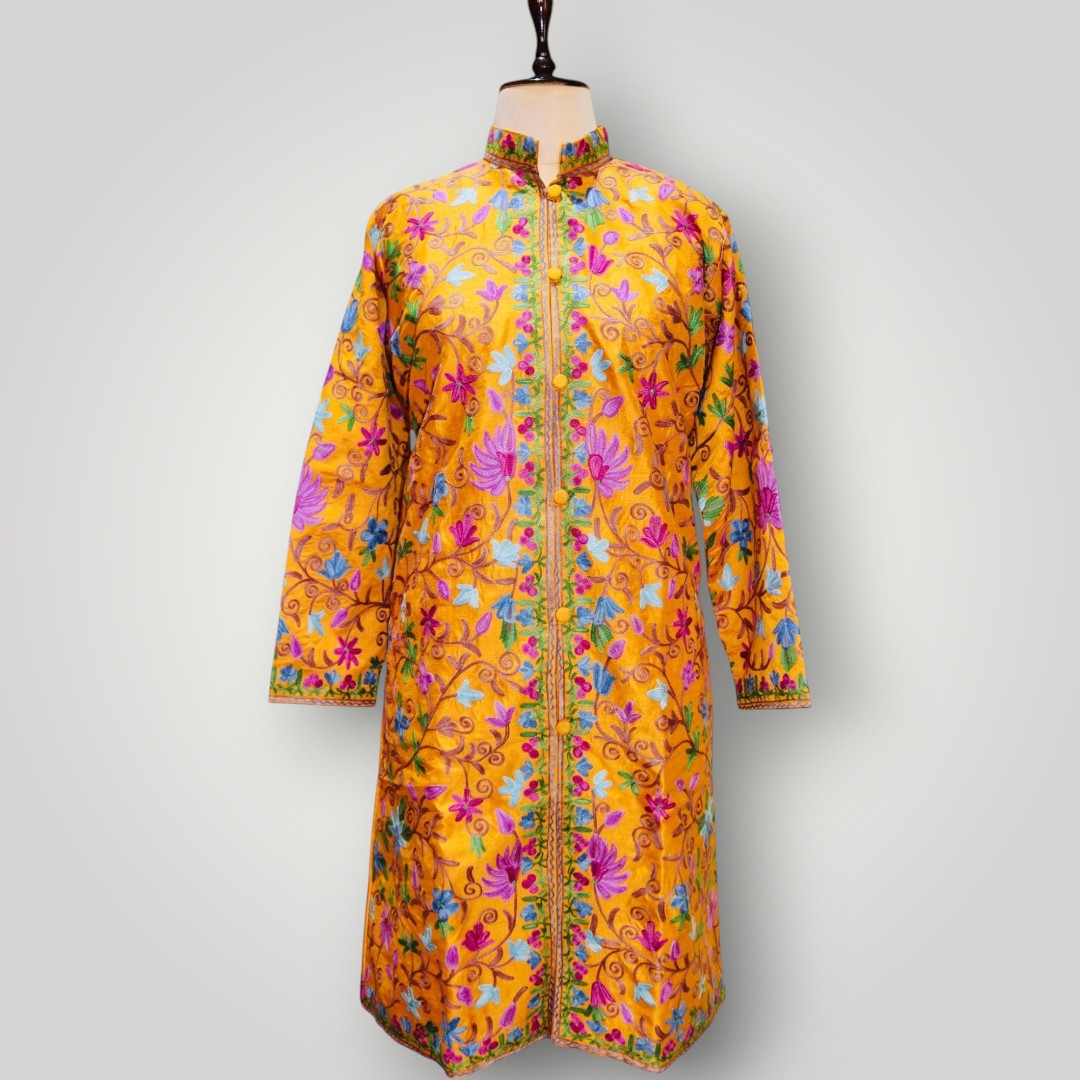 Grey Hand Embroidered Silk Ari Poshkaar Long Jacket