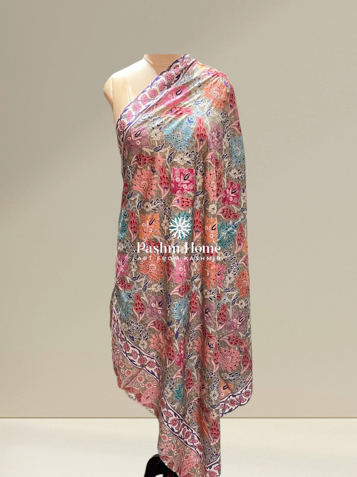 Pink Floral Fine Wool Kalamkari Shawl