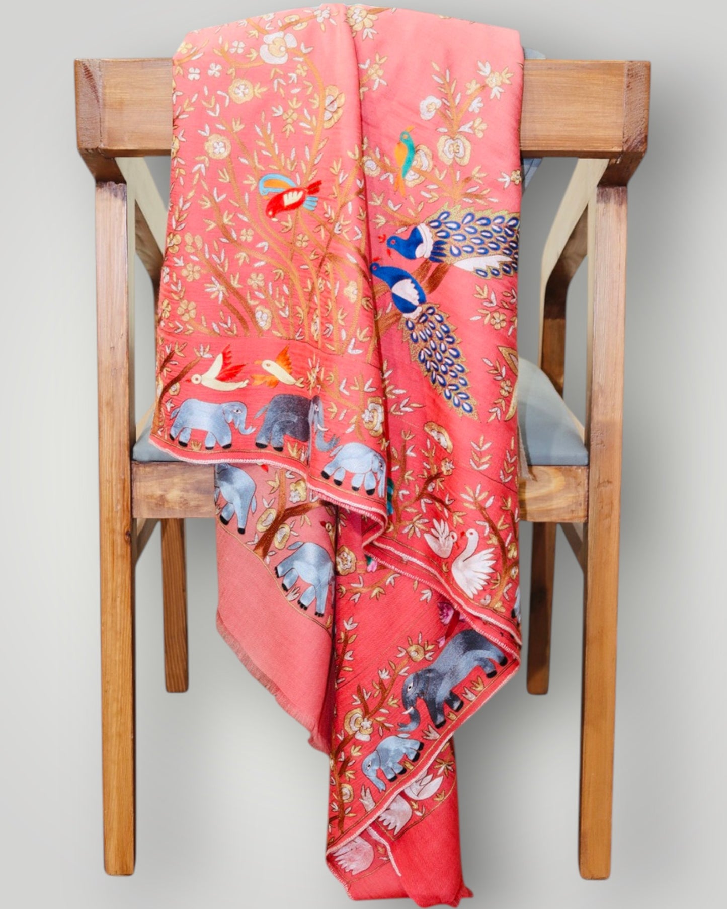 Peach Shikargah Pure Pashmina Handmade Kalamkari Shawl