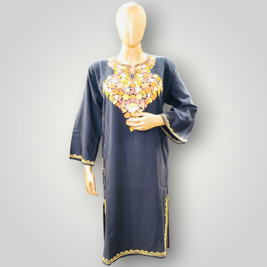 Black Handwork Ari Wool Pheran With Multicoloured Embroidery
