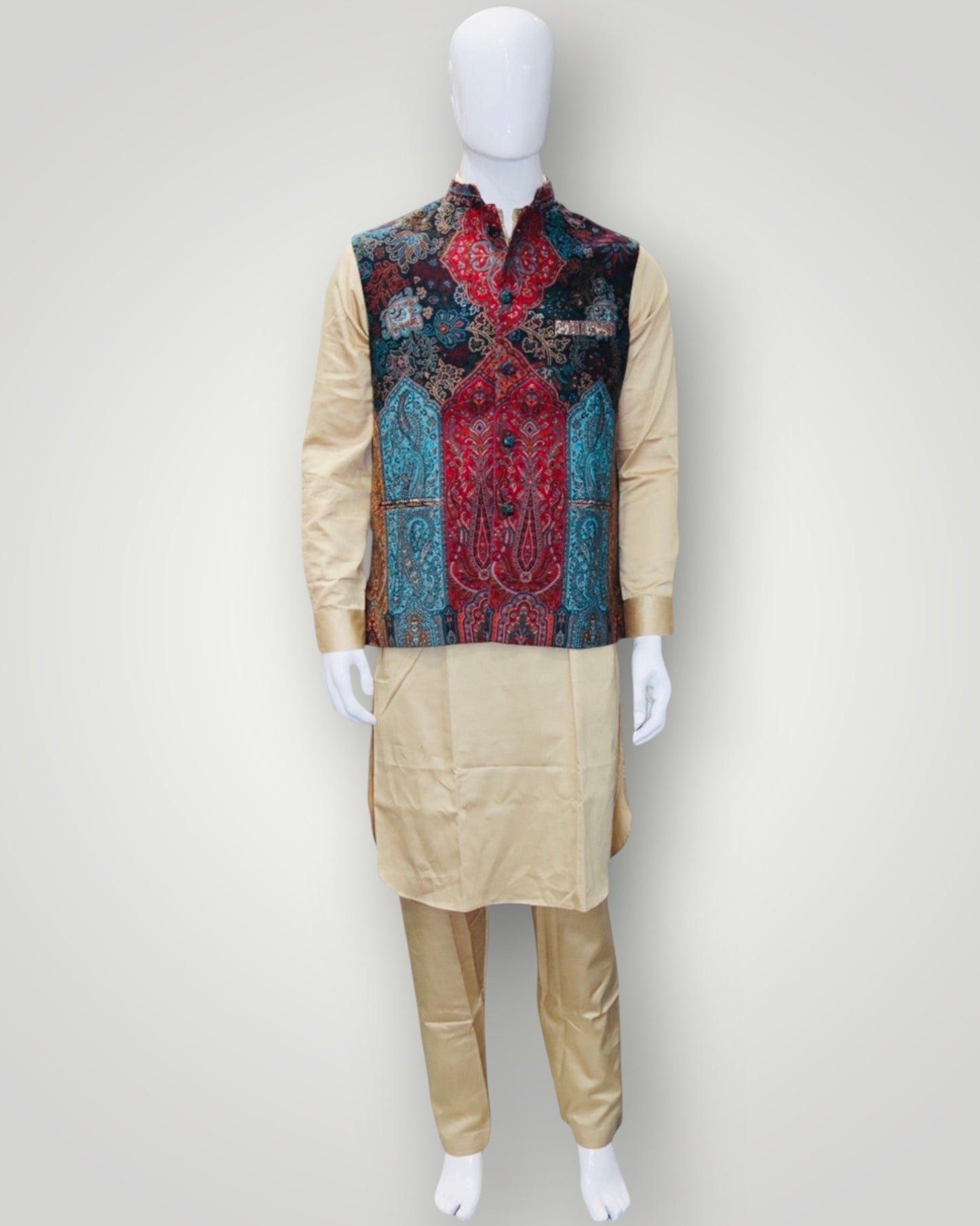 Beige Kani Embroidered Jamawar Waistcoat