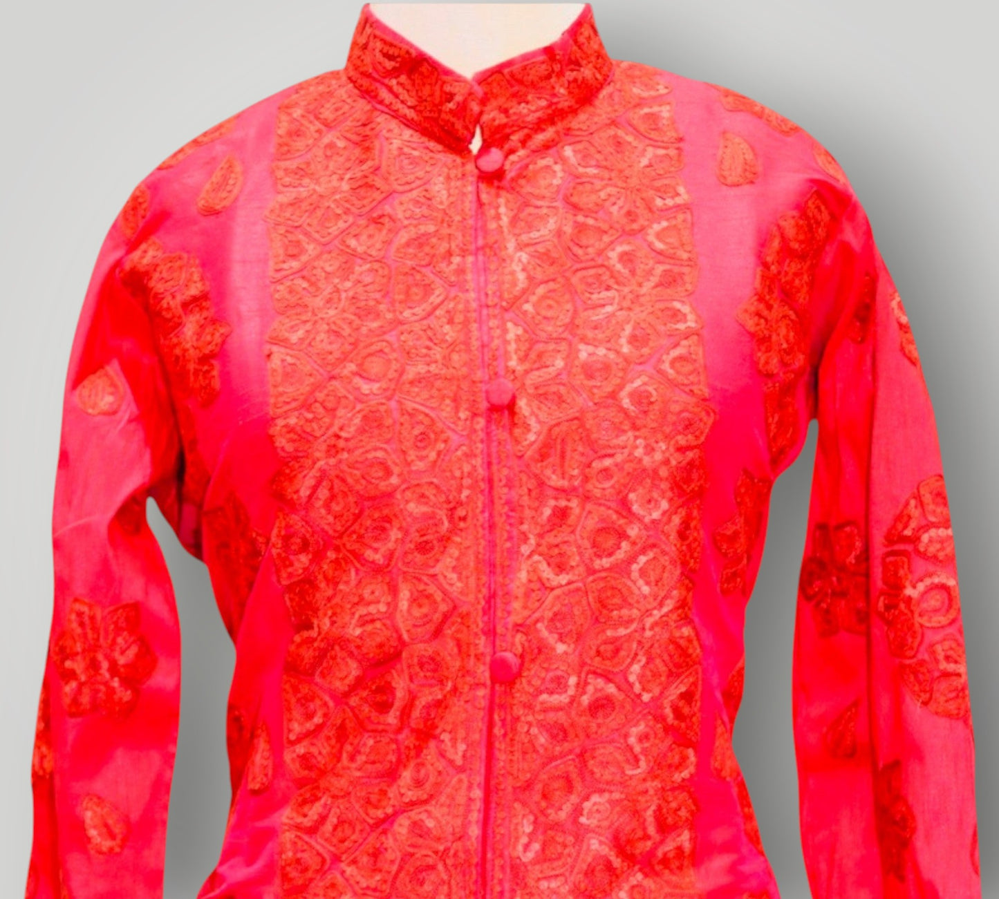 Red Hand Embroidered Silk Ari Tone On Tone Long Jacket