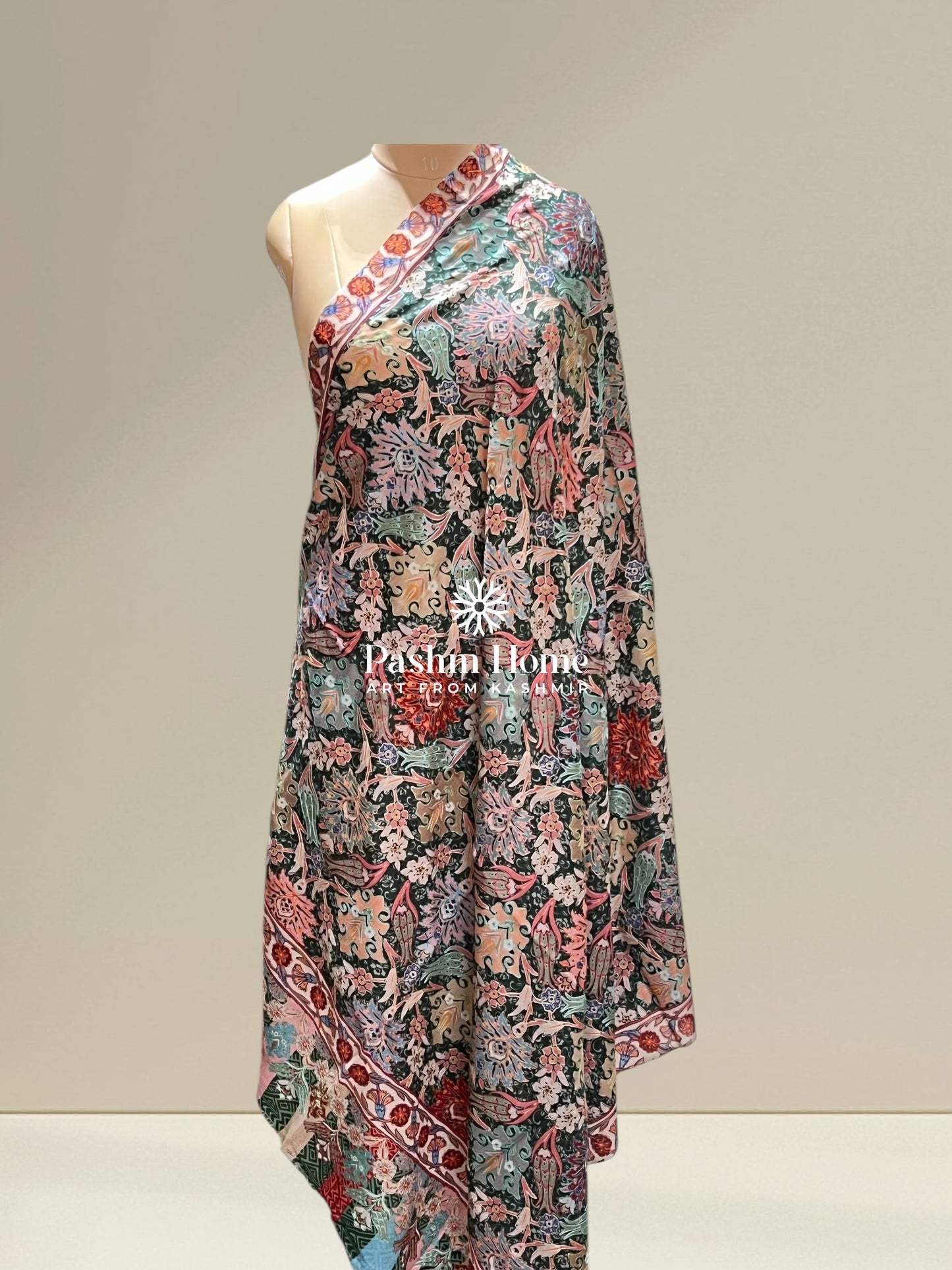 Creme Multicolour Floral Fine Wool Kalamkari Shawl