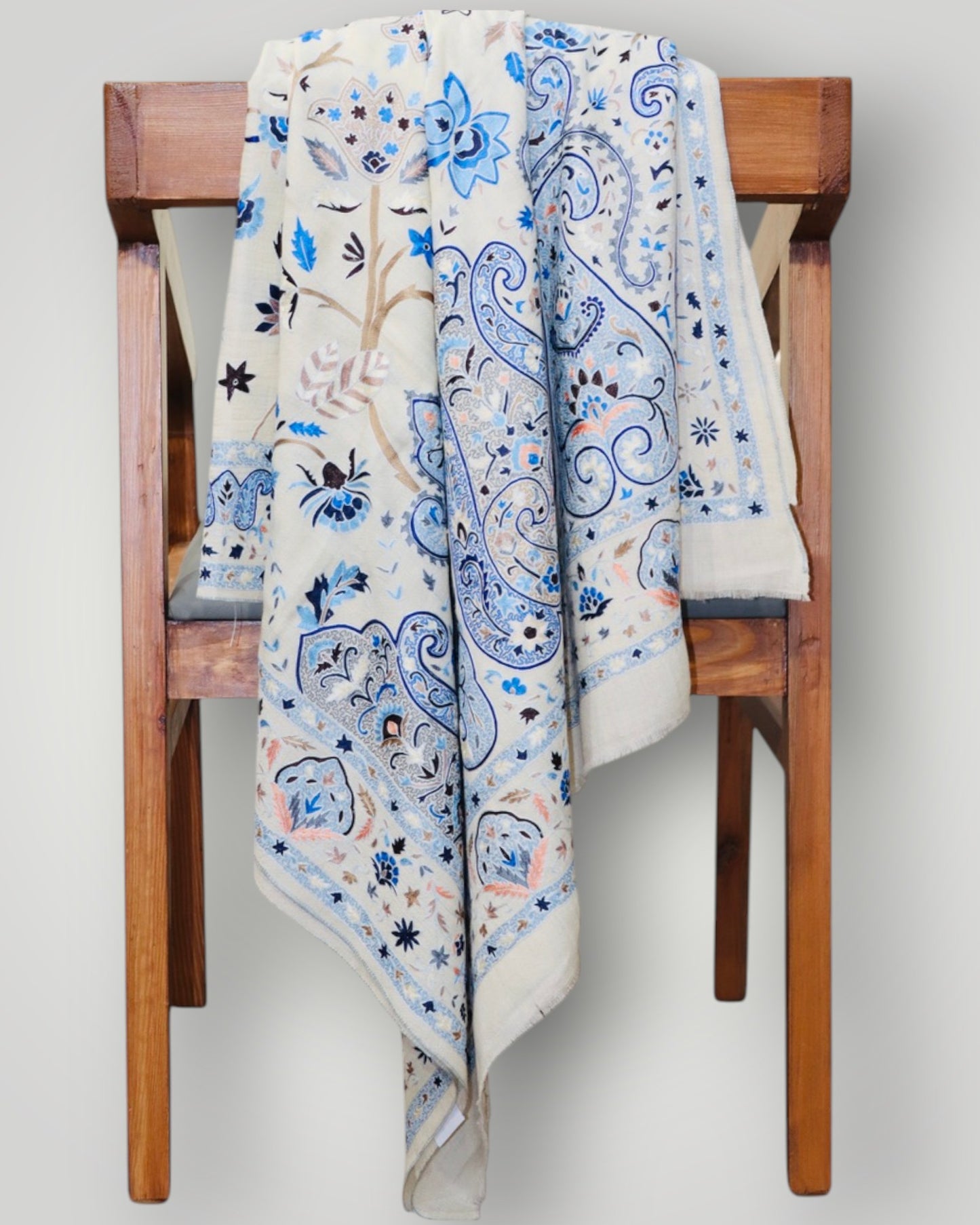 White Floral Pure Pashmina Handmade Kalamkari Shawl