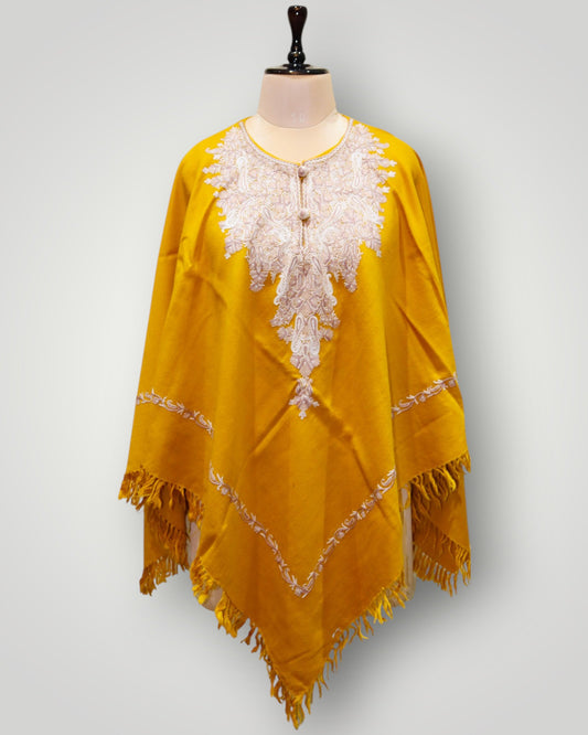 Yellow Floral Embroidery Handwoven Poncho