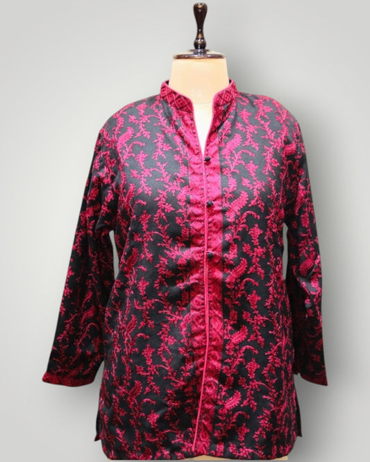 Black Cashmere With Pink Embroidery Ari Short Jacket