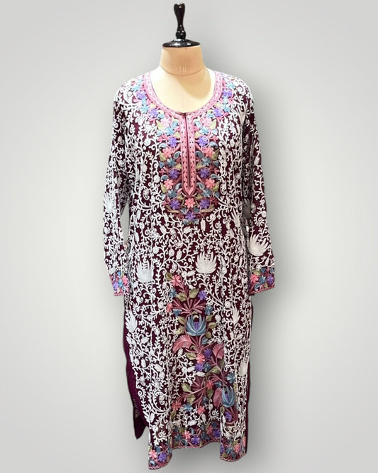 Purple Floral Pure Georgette Top Suit With Hand Embroidered Ari Work