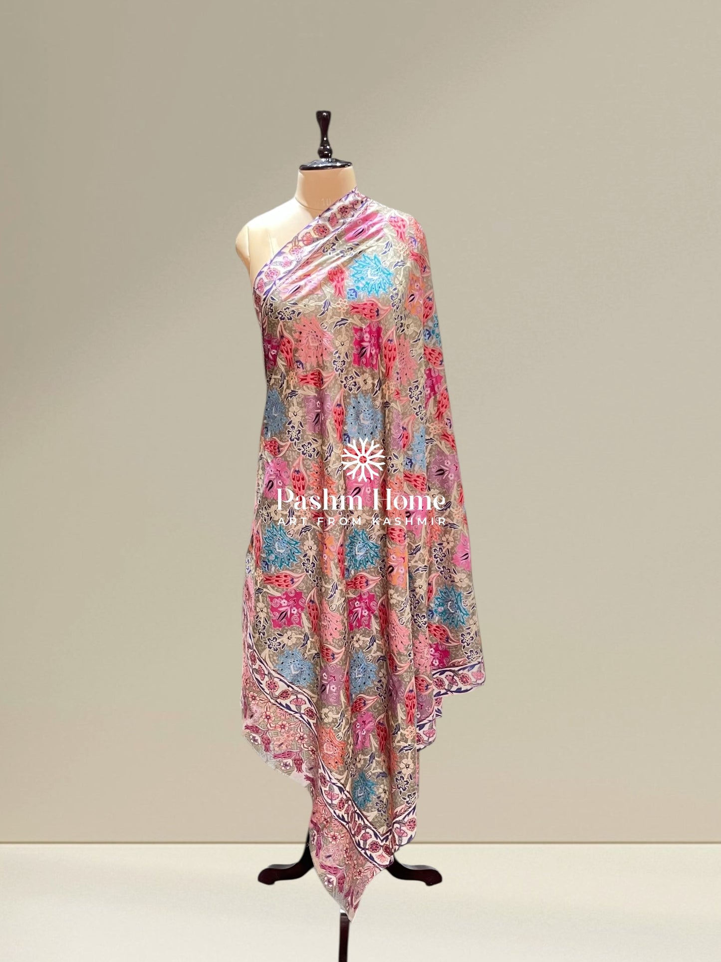 Pink Floral Fine Wool Kalamkari Shawl