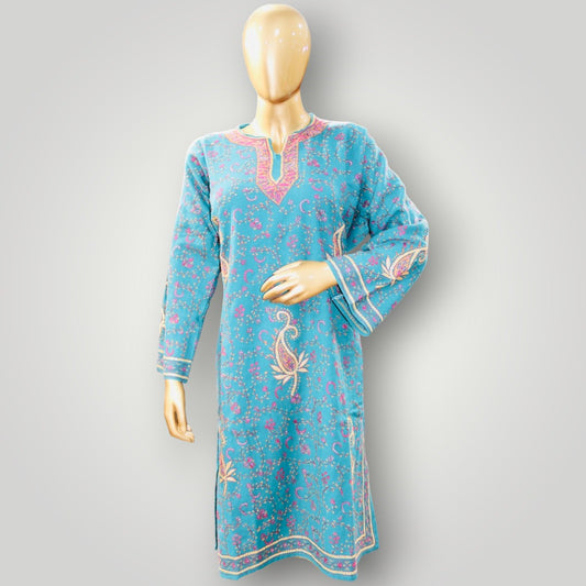Light Blue Handwork Sozni Tilla Wool Pheran