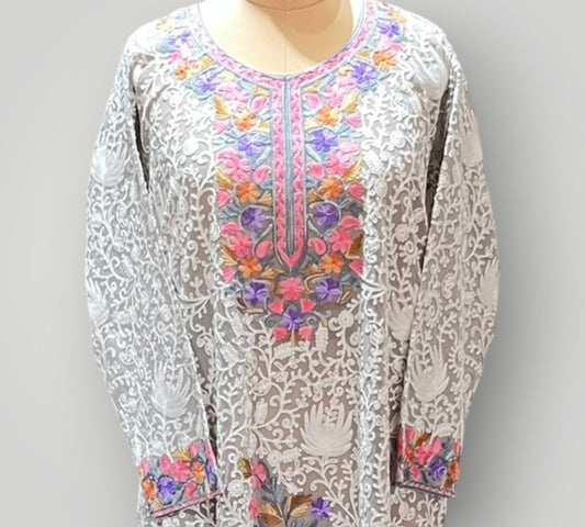 Gray Floral Pure Georgette Top Suit With Hand Embroidered Ari Work