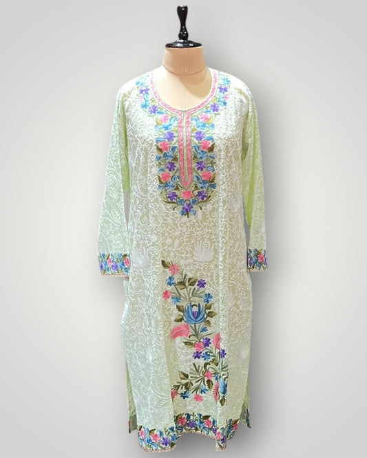 Light Green Floral Pure Georgette Top Suit With Hand Embroidered Ari Work