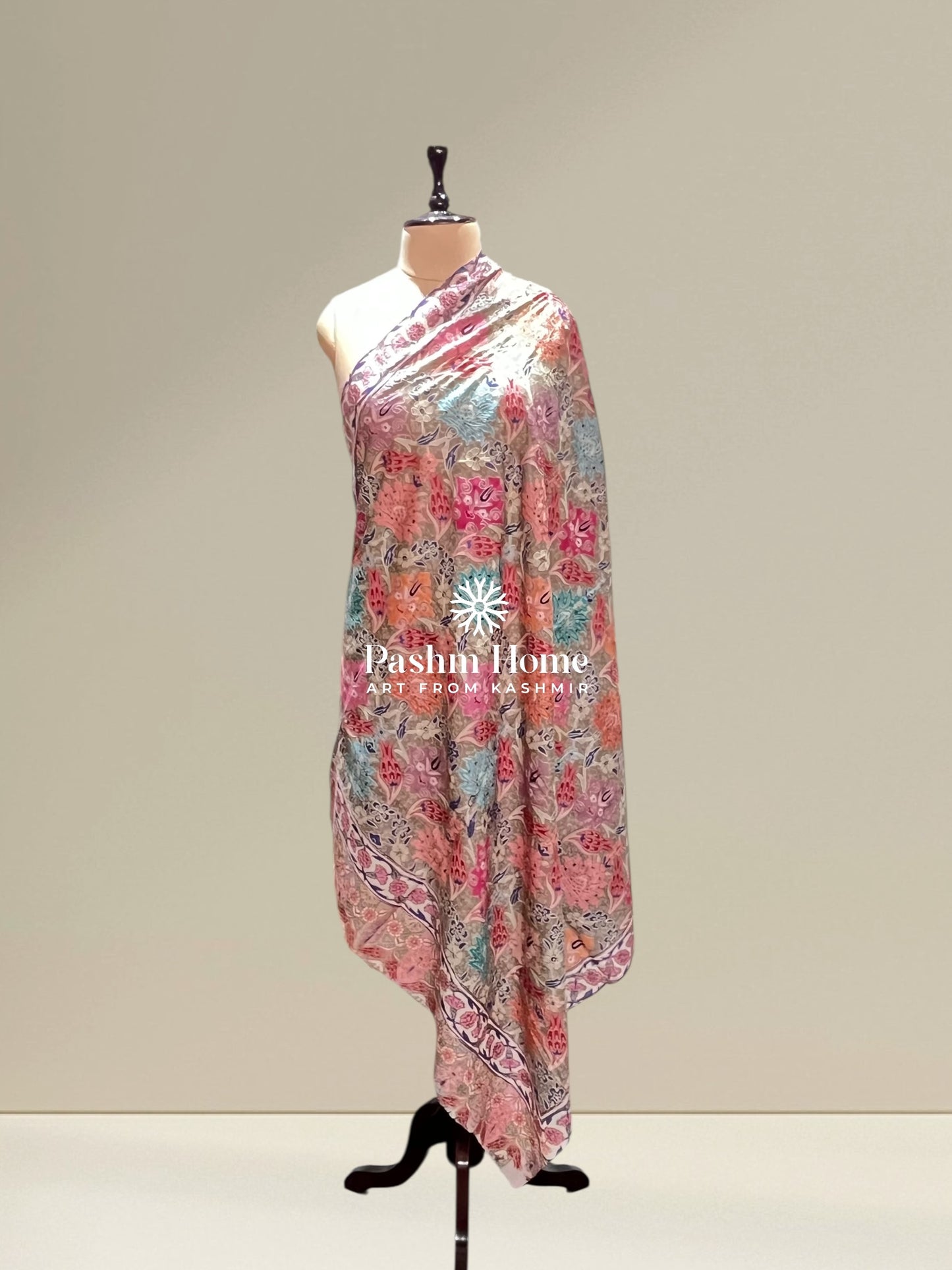 Pink Floral Fine Wool Kalamkari Shawl
