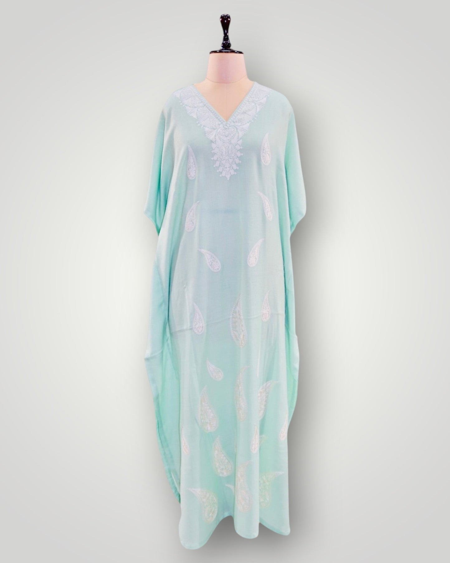 Sky Blue Super Fine Cashmere Ari Paisley Long Kaftan