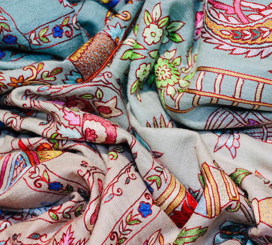 Seafoam Blue Shikargah Pure Pashmina Handmade Kalamkari Shawl