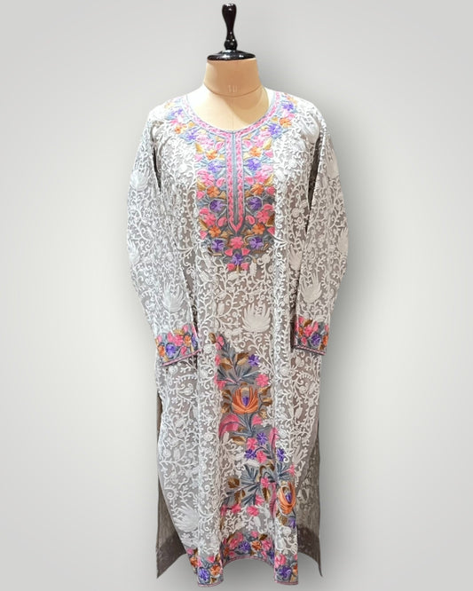 Gray Floral Pure Georgette Top Suit With Hand Embroidered Ari Work