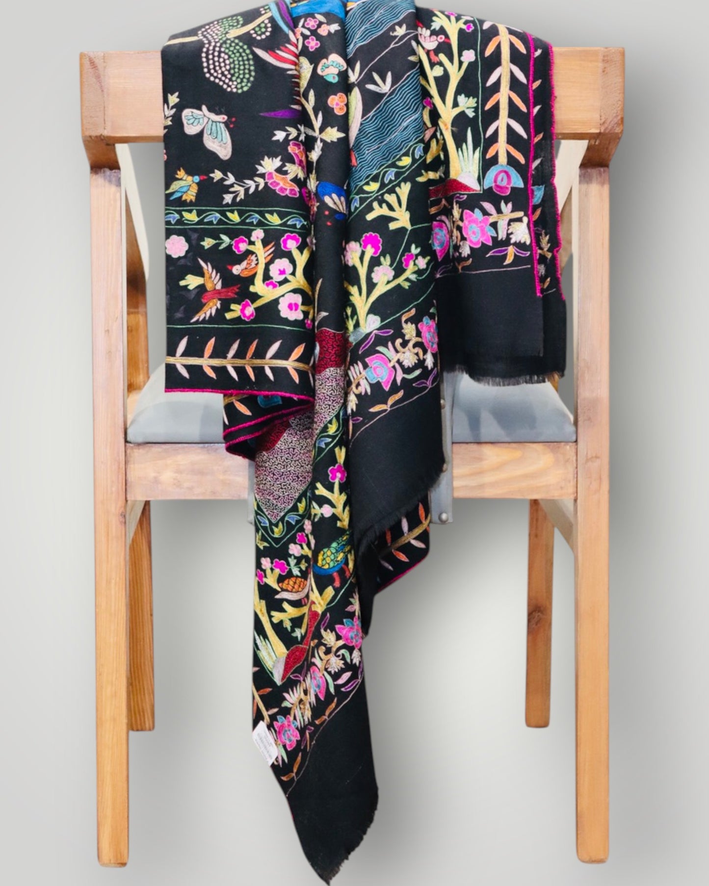 Black Birds Design Pure Pashmina Handmade Kalamkari Shawl