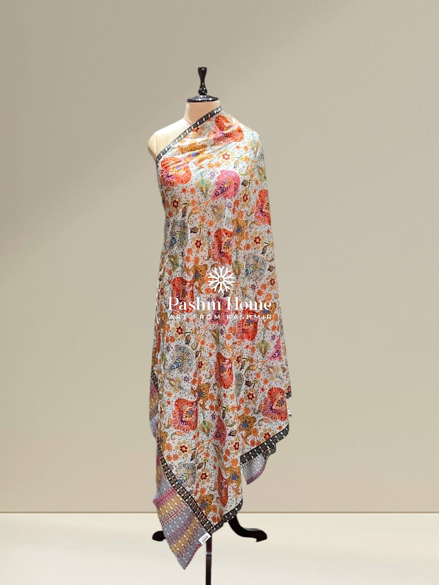 White Multicolour Fine Wool Kalamkari Shawl