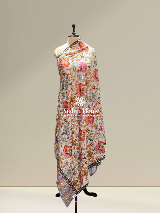 White Multicolour Fine Wool Kalamkari Shawl