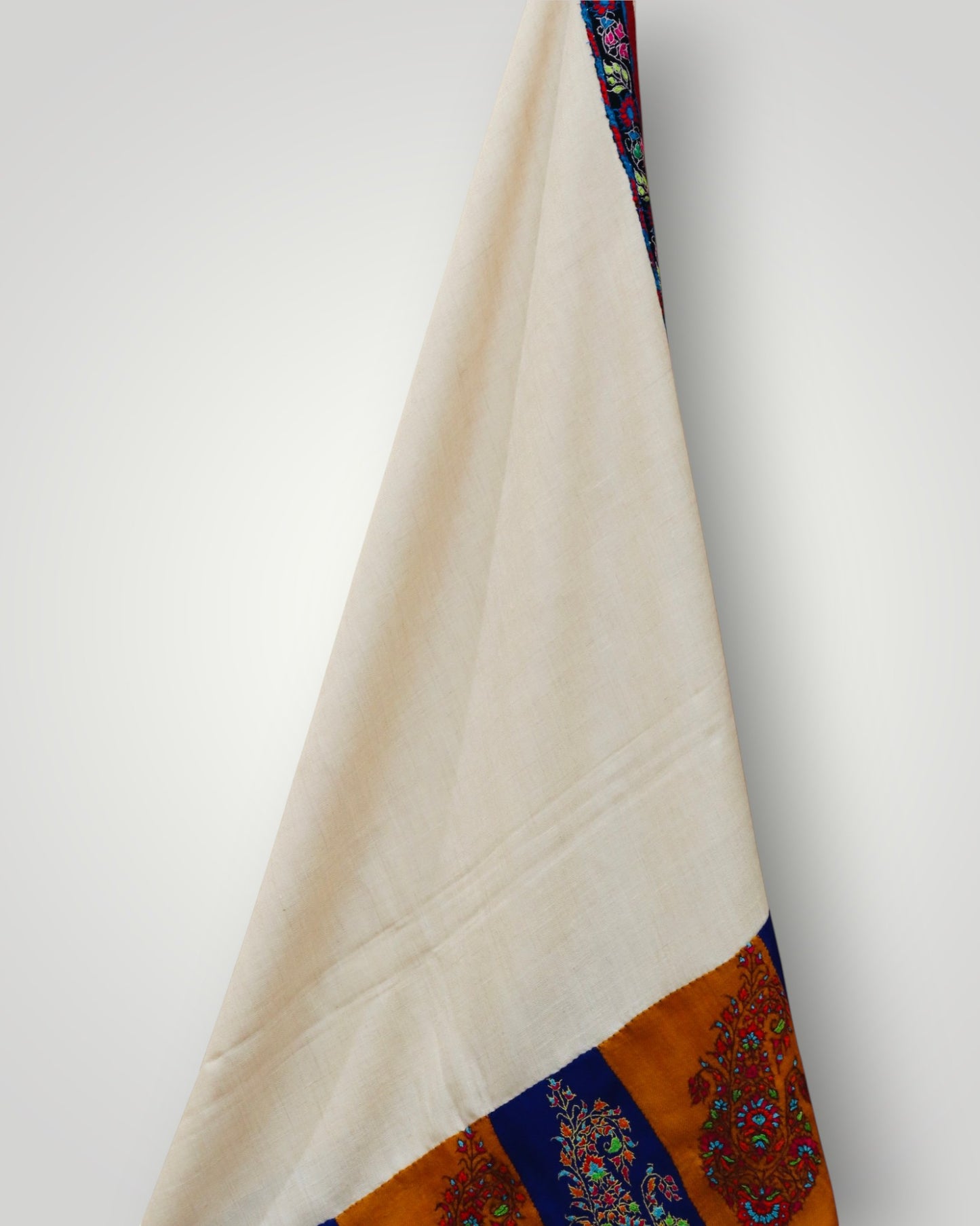 White Pure Pashmina Handmade Kalamkari Border Shawl