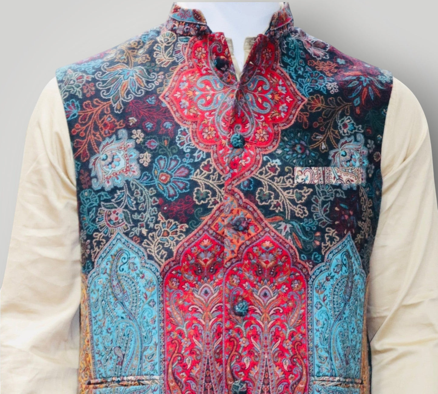 Navy Multicolour Kani Embroidered Jamawar Waistcoat