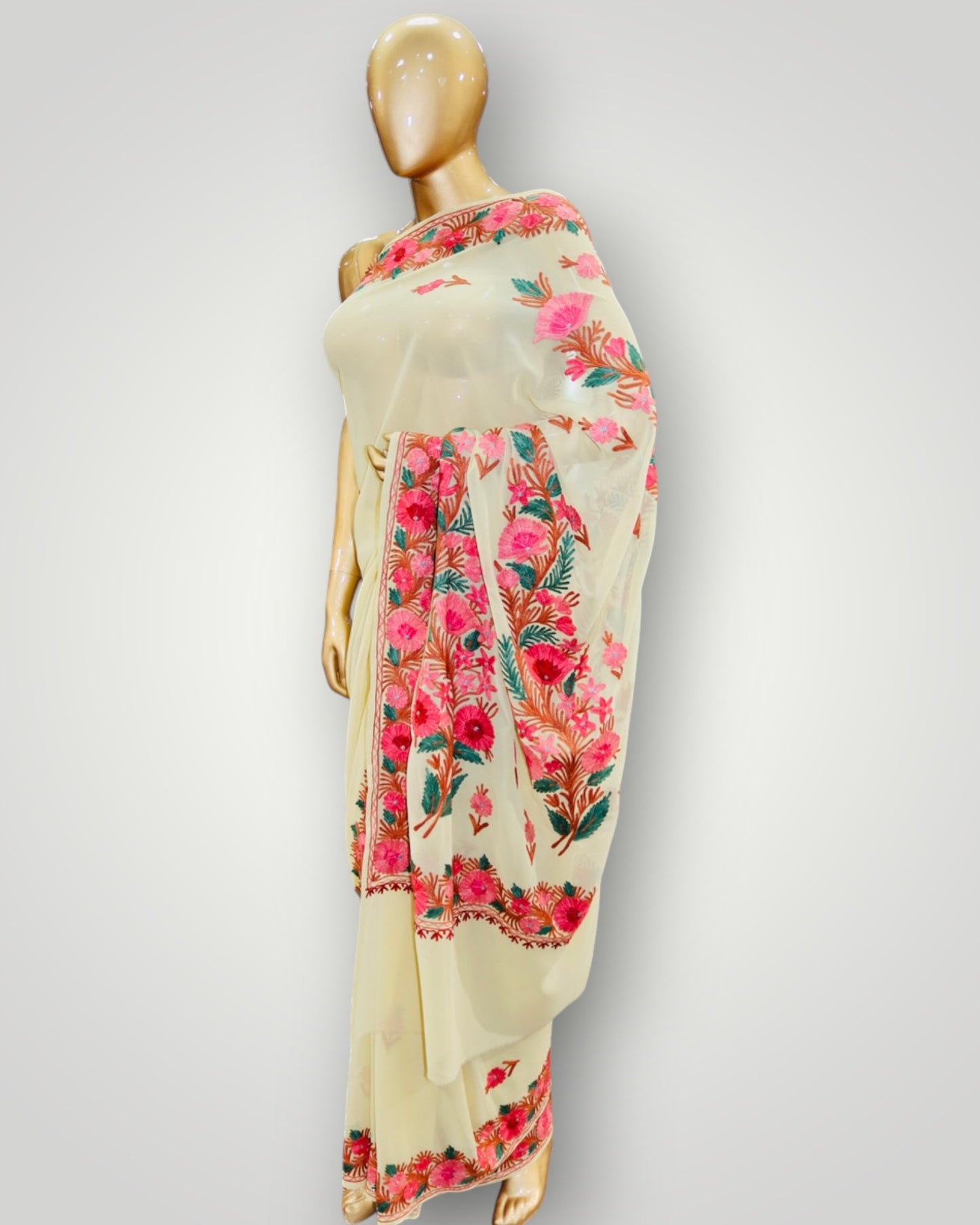 Cream Beige Georgette Ari Saree