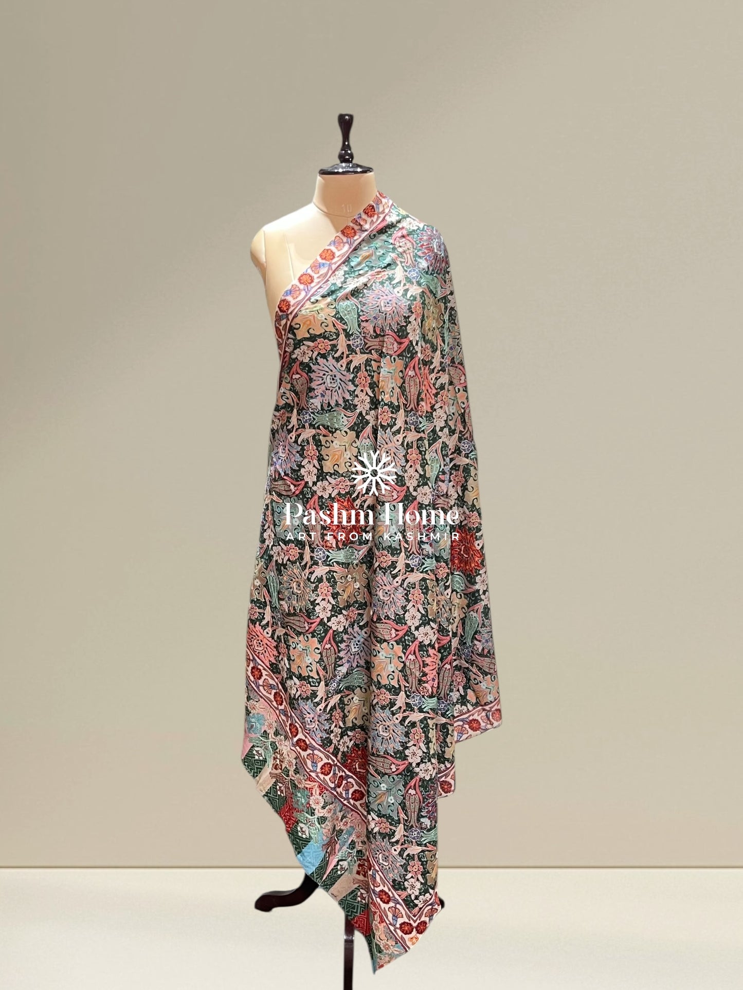 Creme Multicolour Floral Fine Wool Kalamkari Shawl