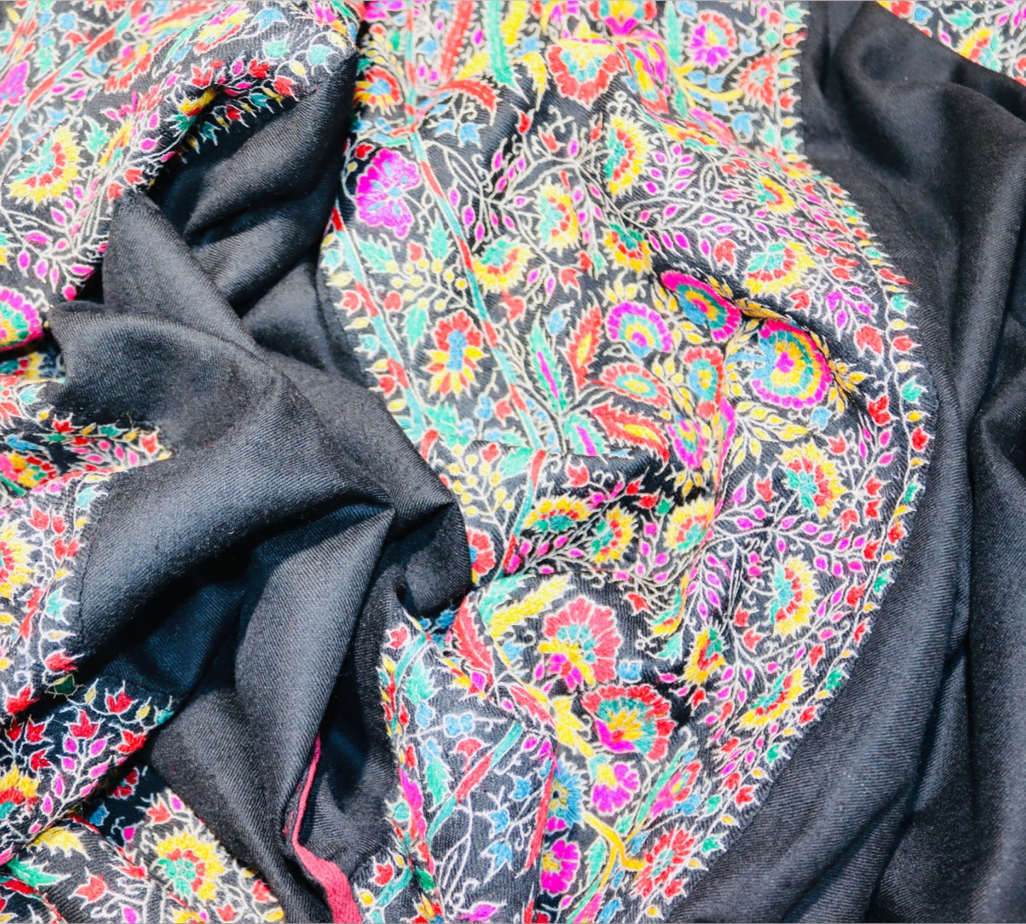 Black Pure Pashmina Handmade Sozni Shawl