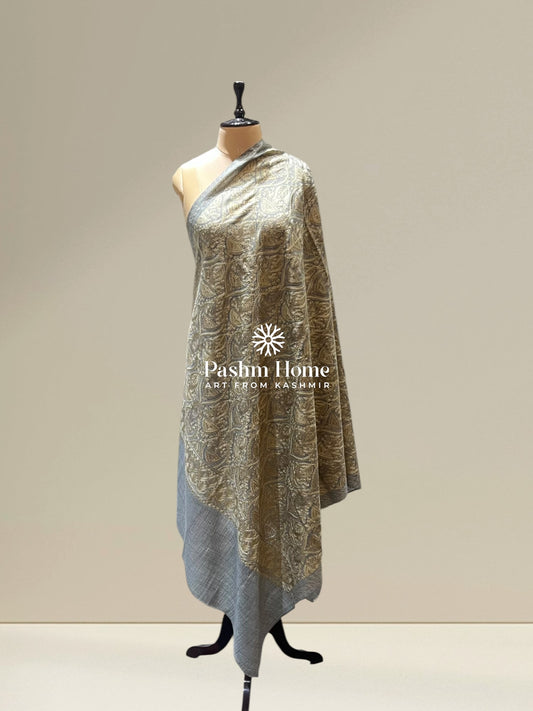 Grey Fine Wool Zari Shawl
