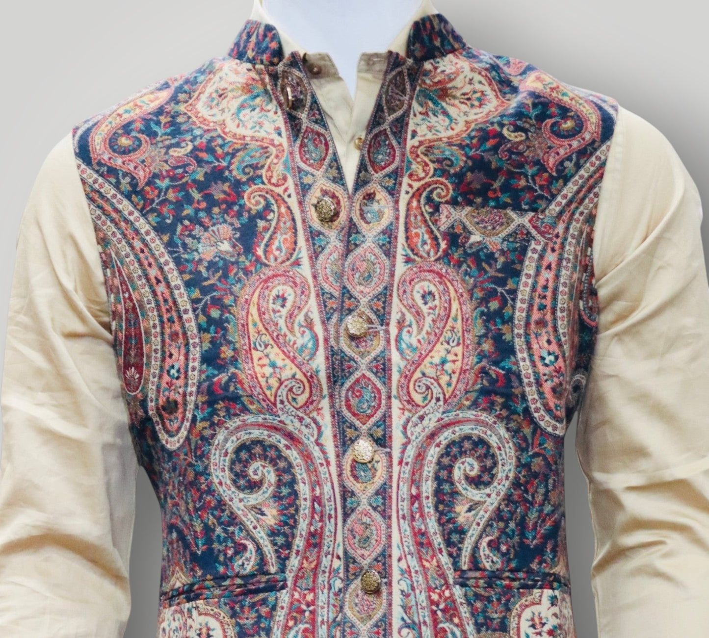 Beige And Brown Kani Embroidered Jamawar Waistcoat