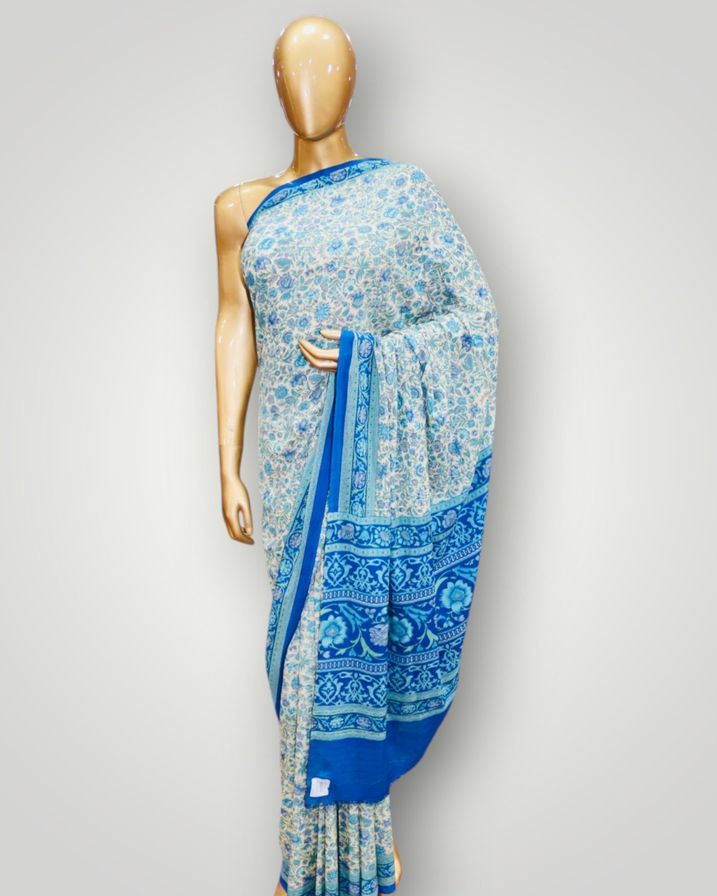 Blue Pure Crepe Printed Saree