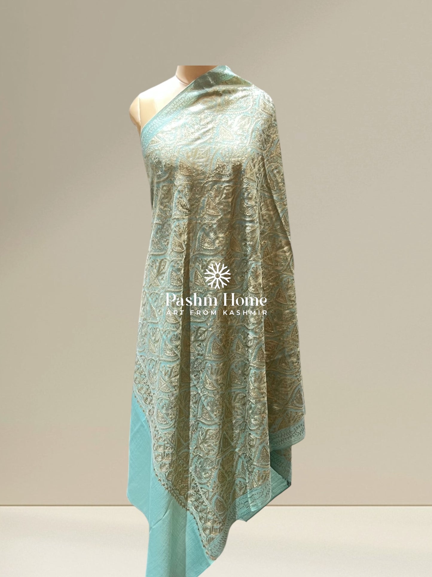 Light Blue Fine Wool Zari Shawl