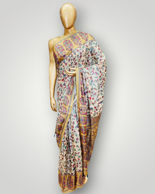 Beige Digital Print Silk Saree