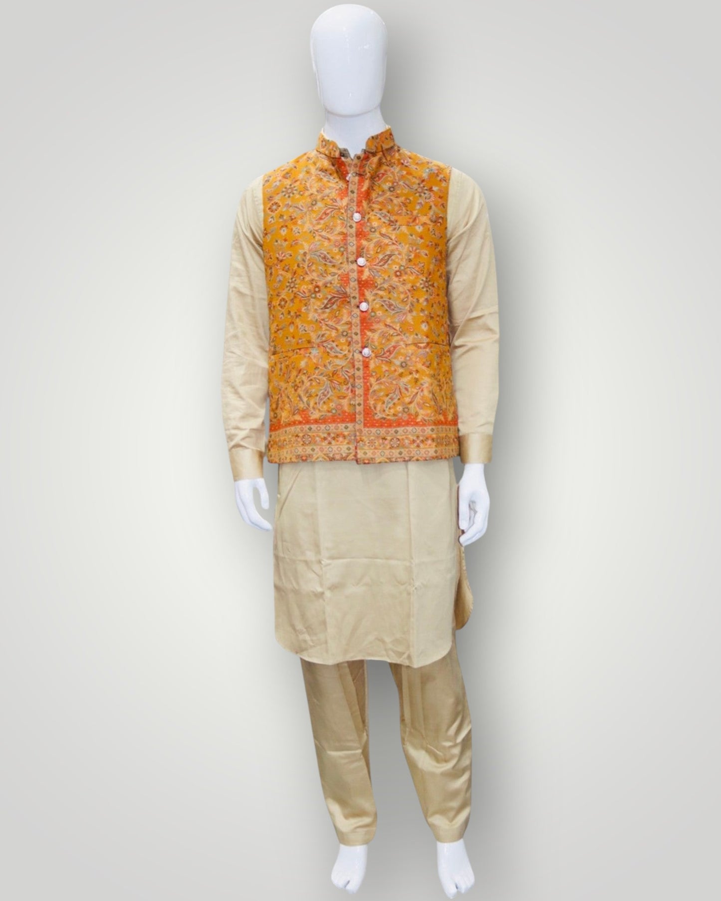 Red Kani Embroidered Jamawar Waistcoat