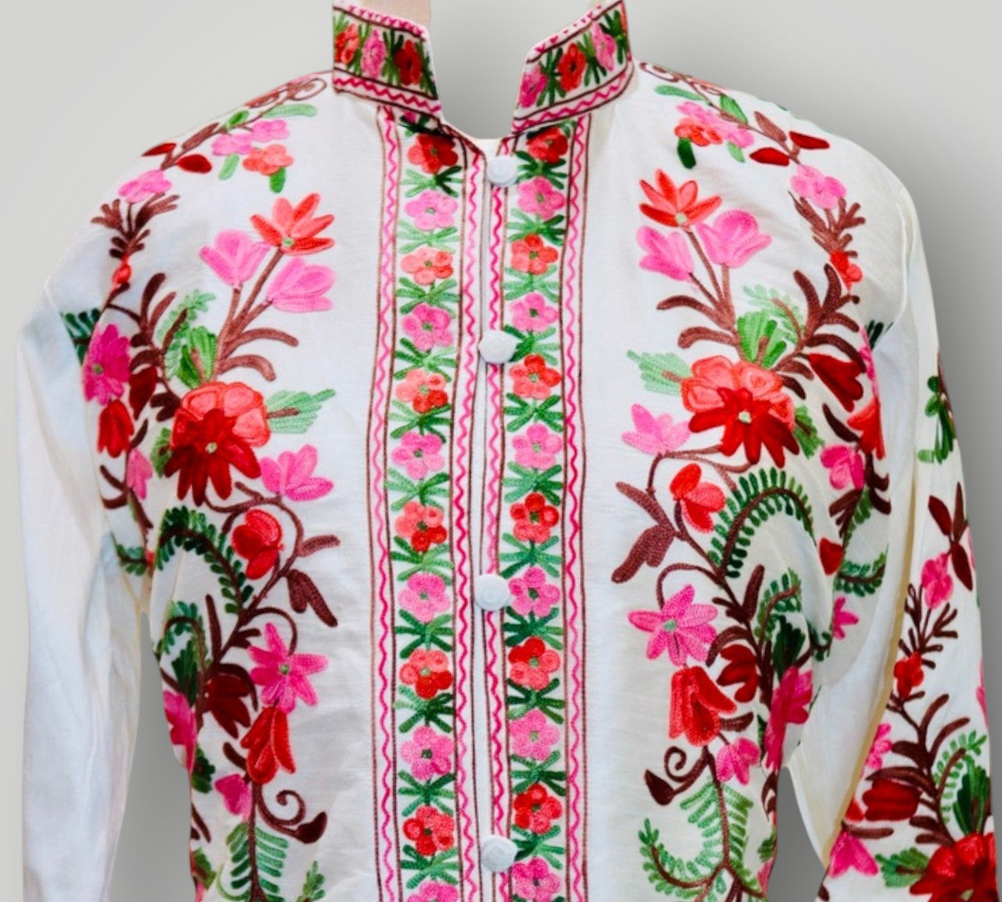 White Hand Embroidered Silk Ari Poshkaar Long Jacket