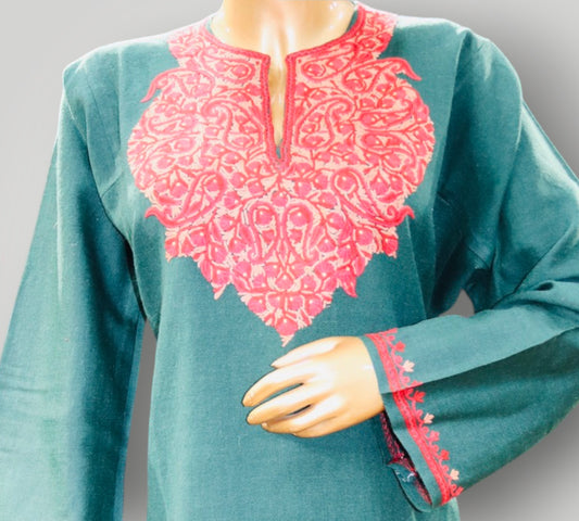 Teal Handmade Ari Pure Wool Pheran