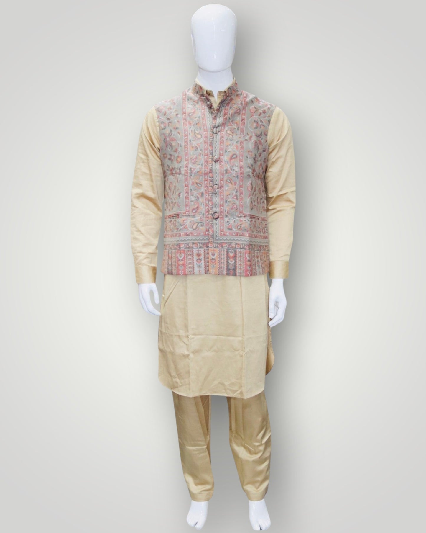 Beige And Brown Kani Embroidered Jamawar Waistcoat