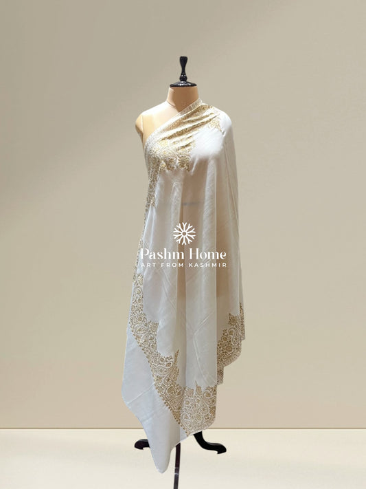 White Fine Wool Zari Shawl