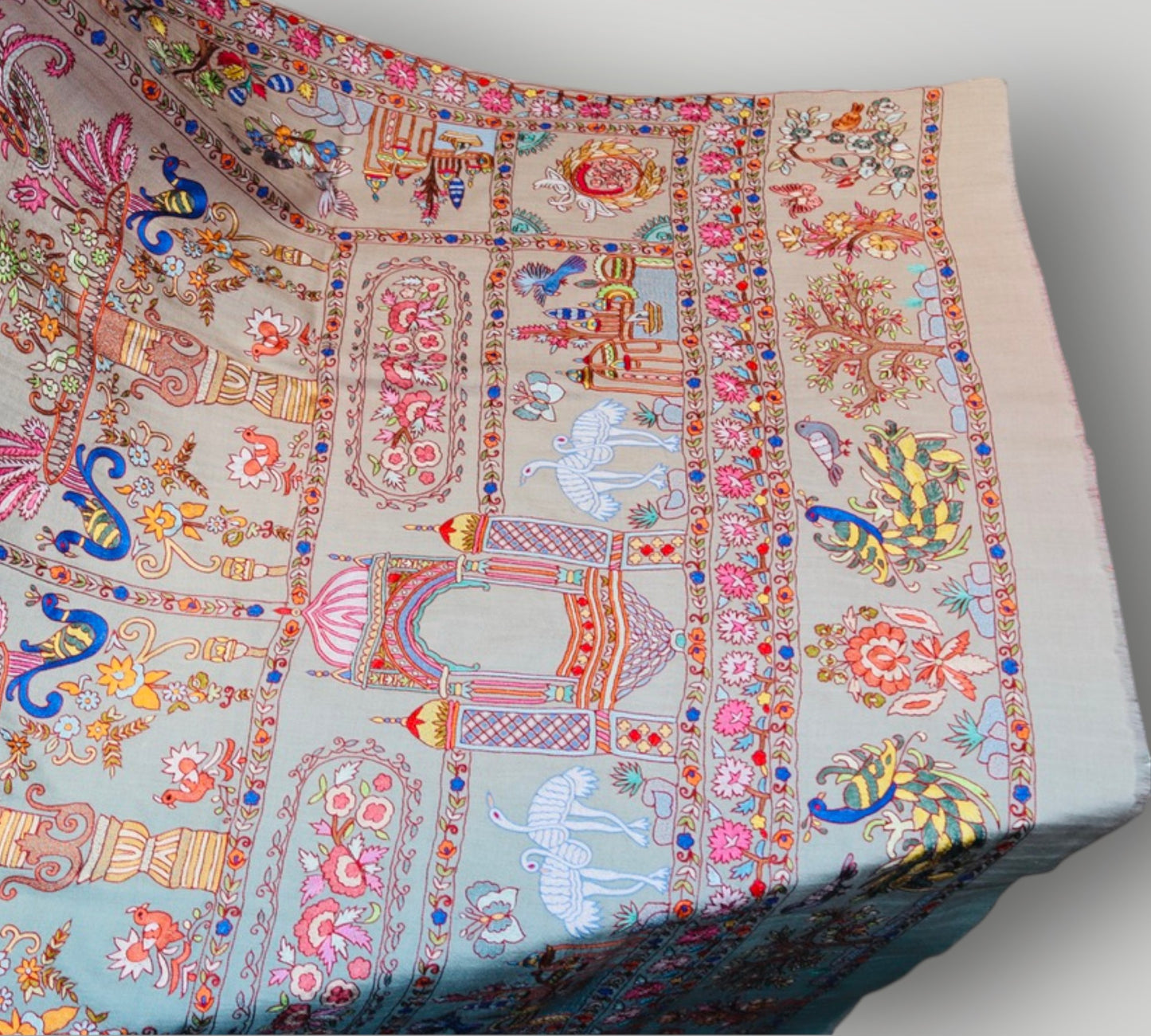 Seafoam Blue Shikargah Pure Pashmina Handmade Kalamkari Shawl