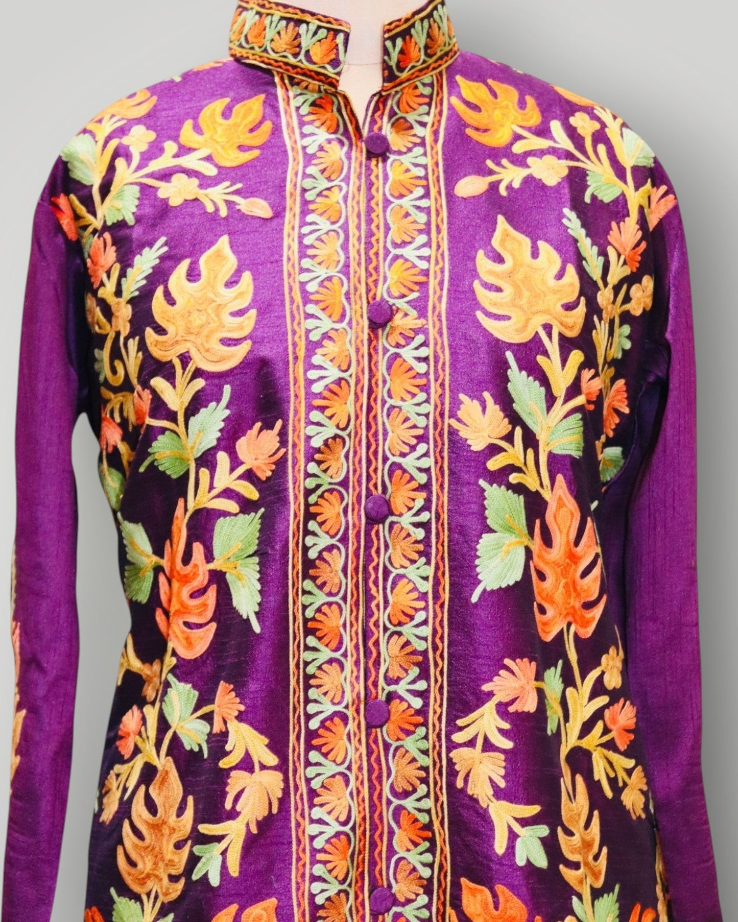 Purple Hand Embroidered Silk Ari Chinar Long Jacket