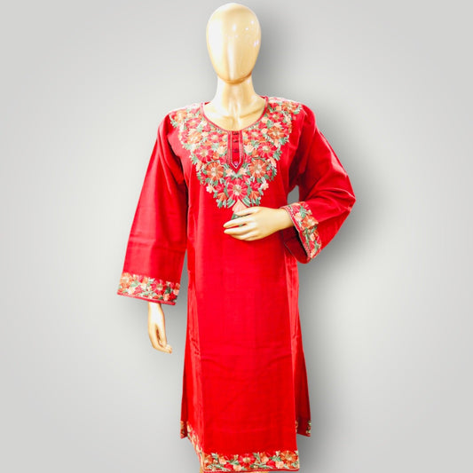 Red Handwork Ari Wool Pheran