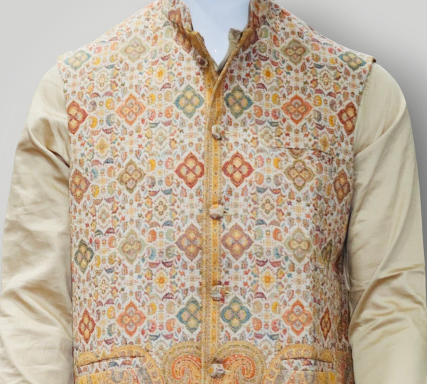 Beige Kani Embroidered Jamawar Waistcoat